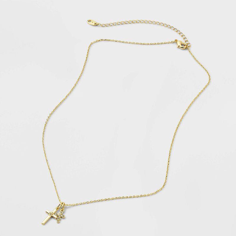 slide 3 of 4, 14K Gold Dipped Cubic Zirconia Duo Cross Necklace - Gold, 1 ct