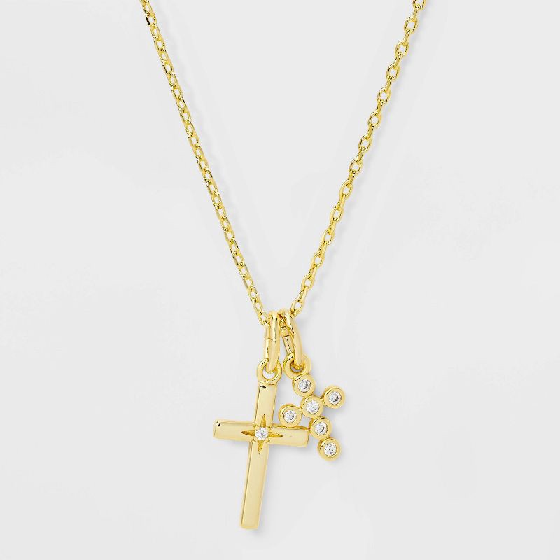 slide 2 of 4, 14K Gold Dipped Cubic Zirconia Duo Cross Necklace - Gold, 1 ct