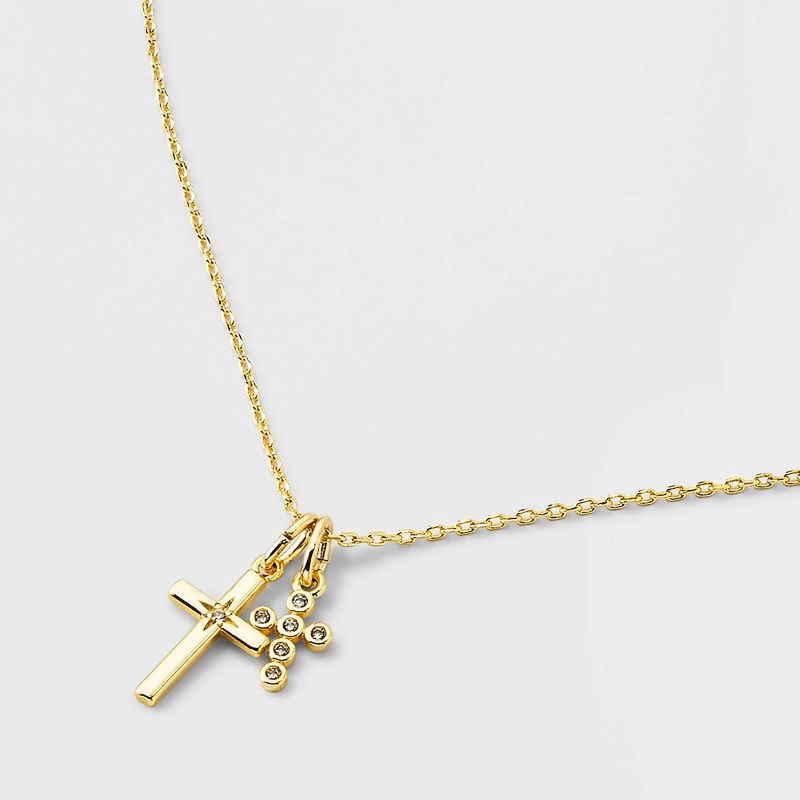 slide 4 of 4, 14K Gold Dipped Cubic Zirconia Duo Cross Necklace - Gold, 1 ct