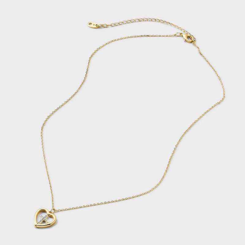 slide 3 of 4, 14K Gold Dipped Cubic Zirconia Heart Cross Necklace - Gold, 1 ct