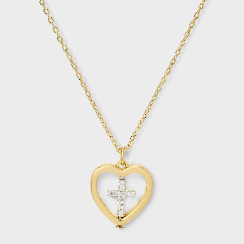 slide 2 of 4, 14K Gold Dipped Cubic Zirconia Heart Cross Necklace - Gold, 1 ct