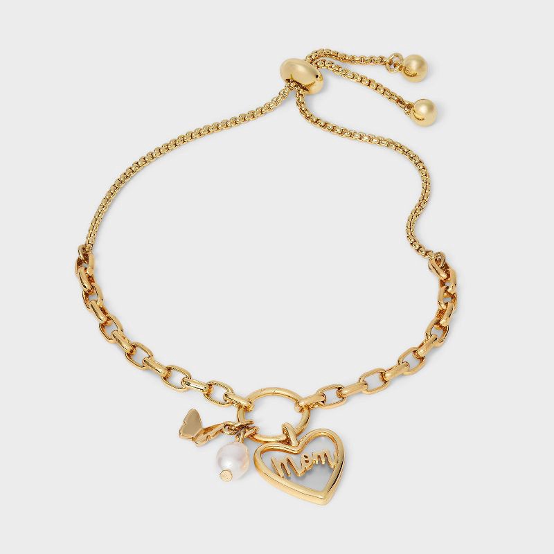 slide 3 of 4, 14K Gold Dipped "Mom" Heart Charm Bracelet - Gold/Ivory, 1 ct