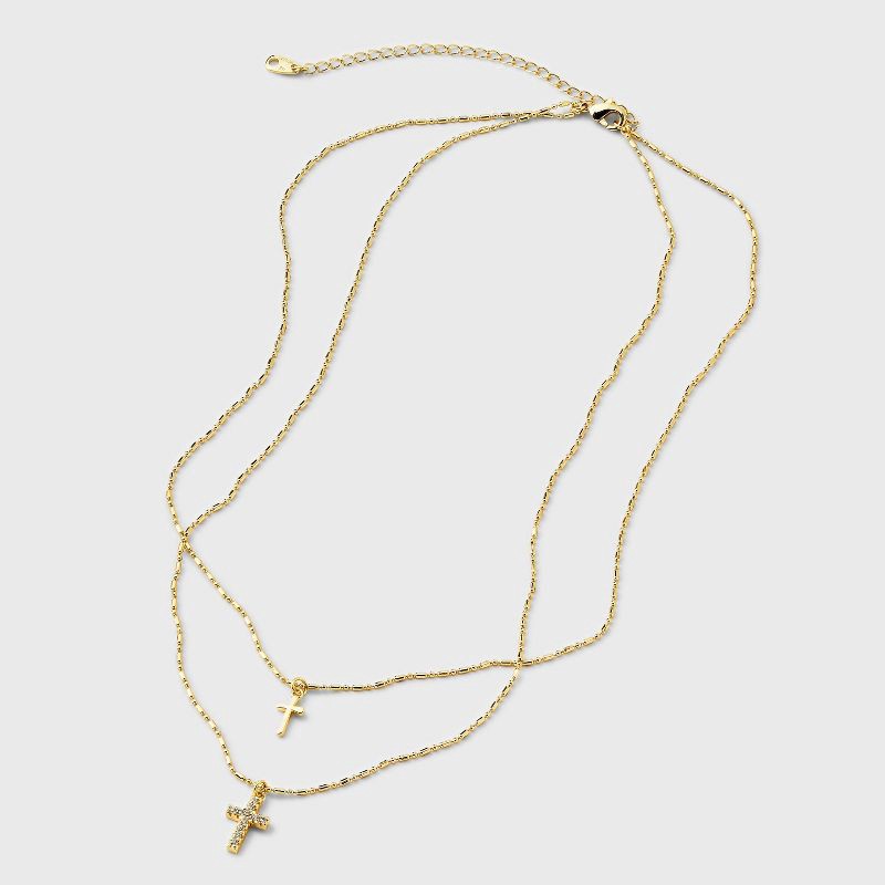 slide 3 of 4, 14K Gold Dipped Double Cross Pendant Multi-Strand Necklace - Gold, 1 ct