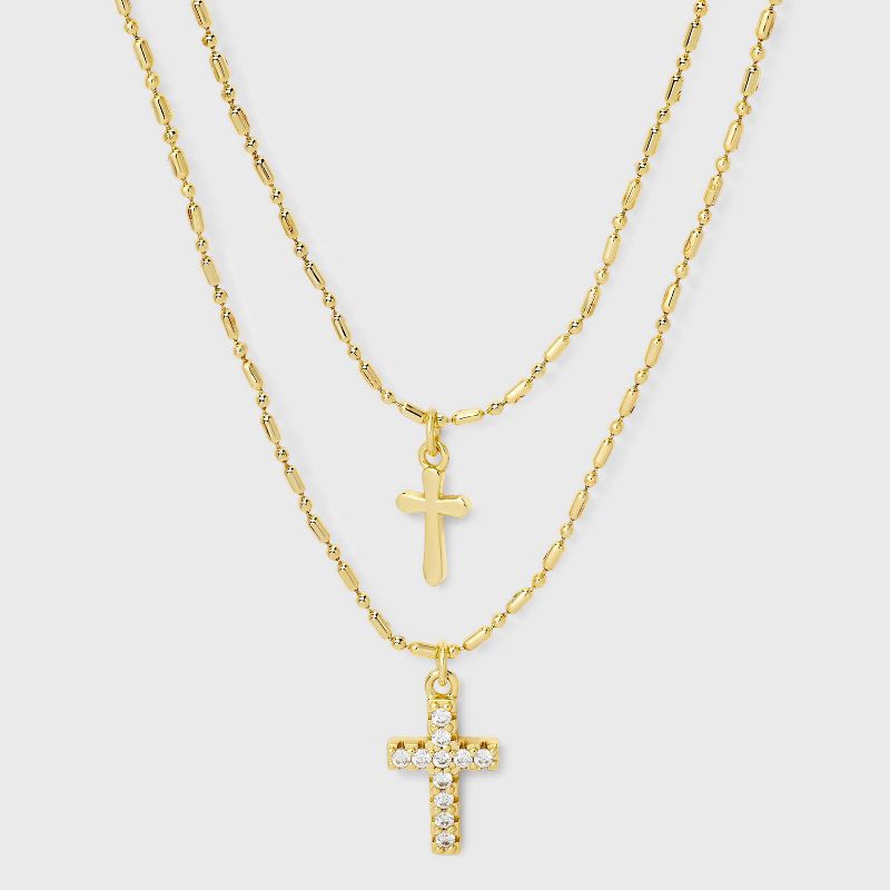 slide 2 of 4, 14K Gold Dipped Double Cross Pendant Multi-Strand Necklace - Gold, 1 ct