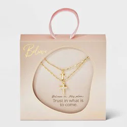 14K Gold Dipped Double Cross Pendant Multi-Strand Necklace - Gold