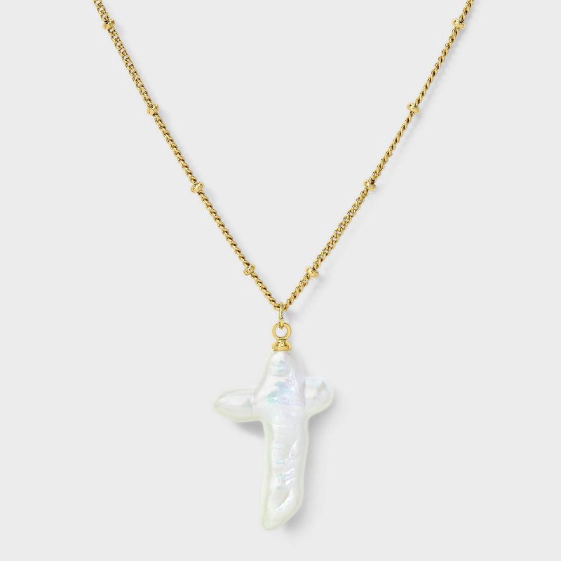 slide 2 of 4, 14K Gold Dipped Pearl Cross Necklace - Gold/Ivory, 1 ct