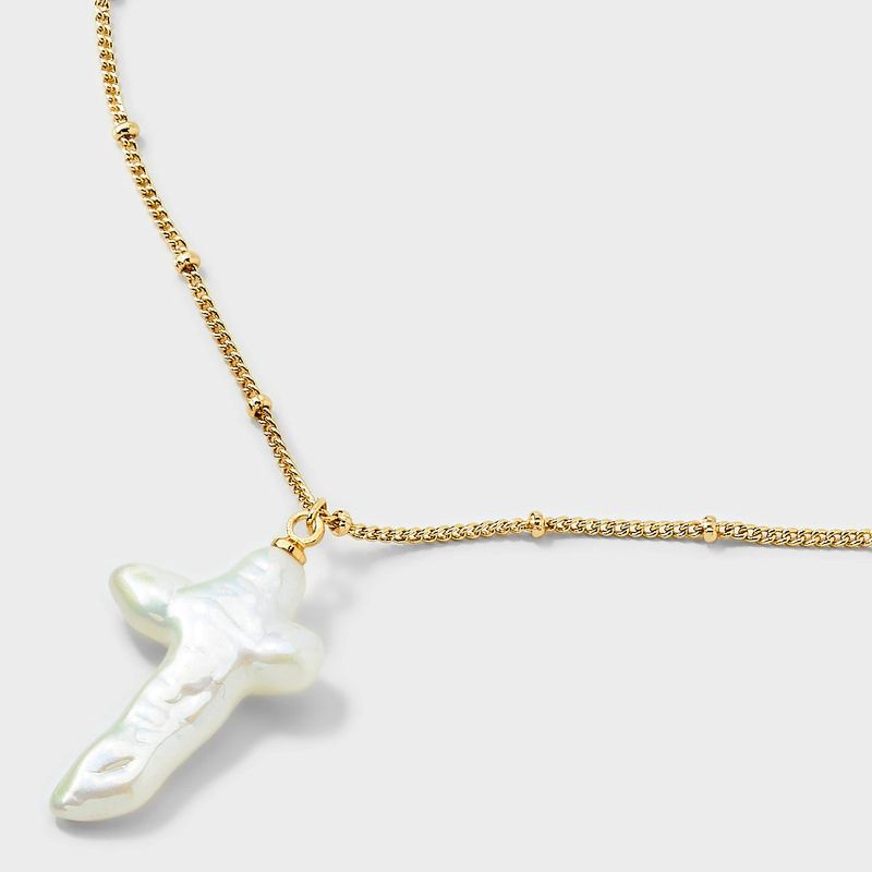 slide 4 of 4, 14K Gold Dipped Pearl Cross Necklace - Gold/Ivory, 1 ct