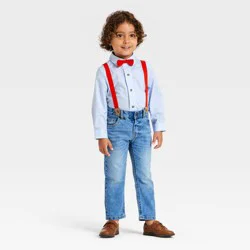 Toddler Boys' 3pc Valentine's Day Button-Down Shirt and Denim Pants Set with Bow Tie and Suspenders - Cat & Jack™ Medium Blue 4T