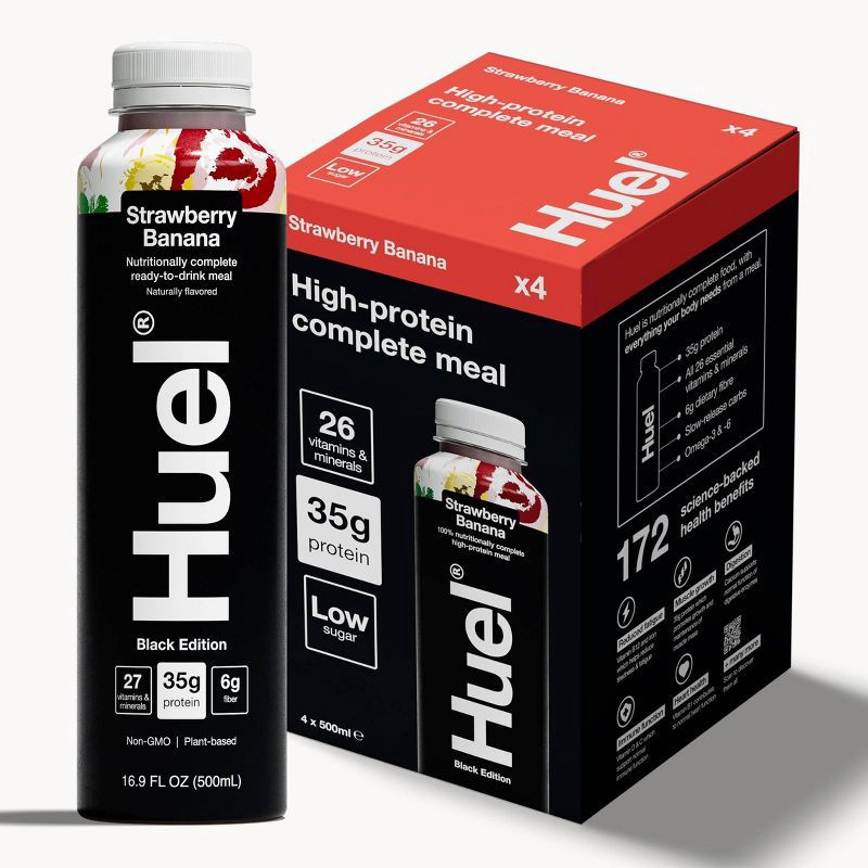 slide 1 of 10, Huel Black Edition Strawberry Banana Ready-to-Drink 35g Protein Meal Replacement - 4pk, 35 gram, 4 ct