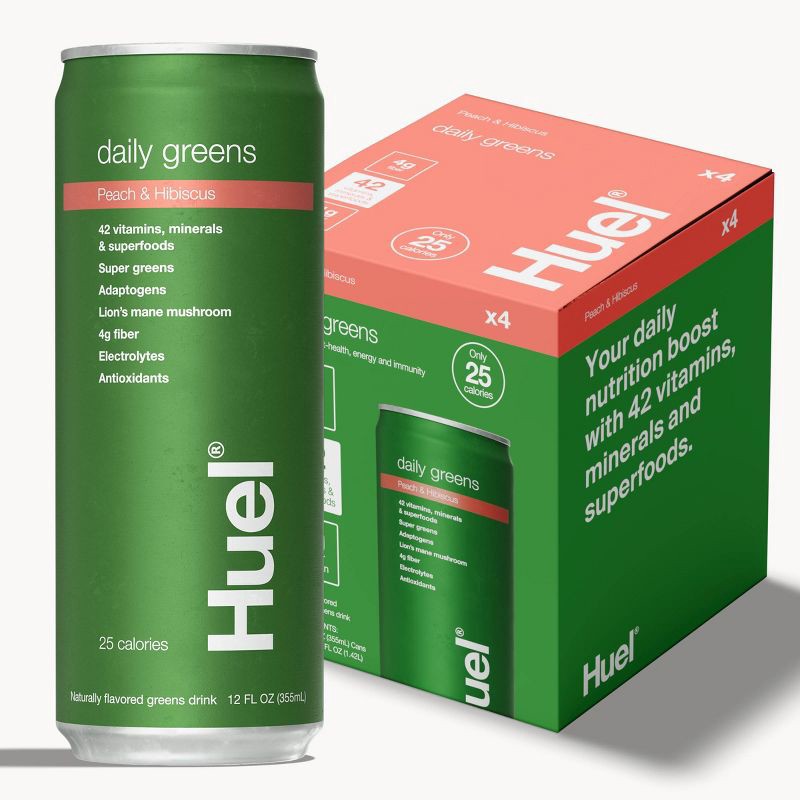 slide 1 of 9, Huel Peach Hibiscus Daily Ready-to-Drink Greens and Superfood Supplements - 4pk/12 fl oz, 4 ct; 12 fl oz
