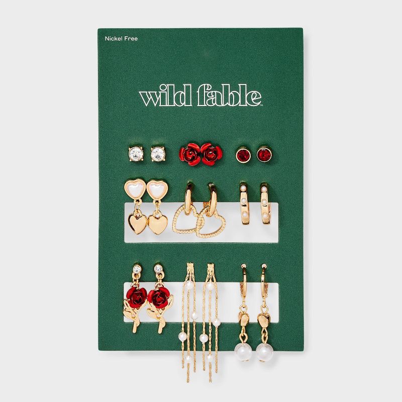 slide 2 of 3, Roses & Hearts Multi Earring Set 9 pc - Wild Fable™ Gold, 9 ct