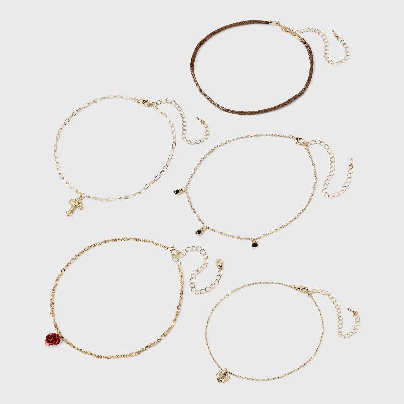 slide 2 of 3, Heart Cross & Rose Choker Necklace Set 5 pc - Wild Fable™ Gold, 5 ct