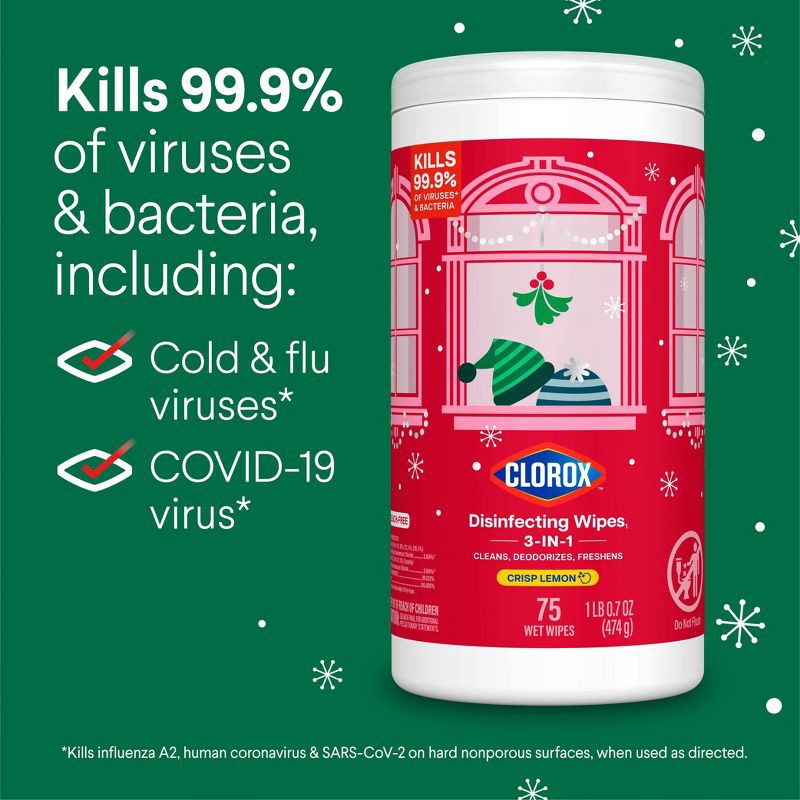 slide 7 of 14, Clorox Fresh Lemon Scented Seasonal Disinfecting Wipes All Purpose Cleaners - 75ct/3 Value Pack, 75 ct