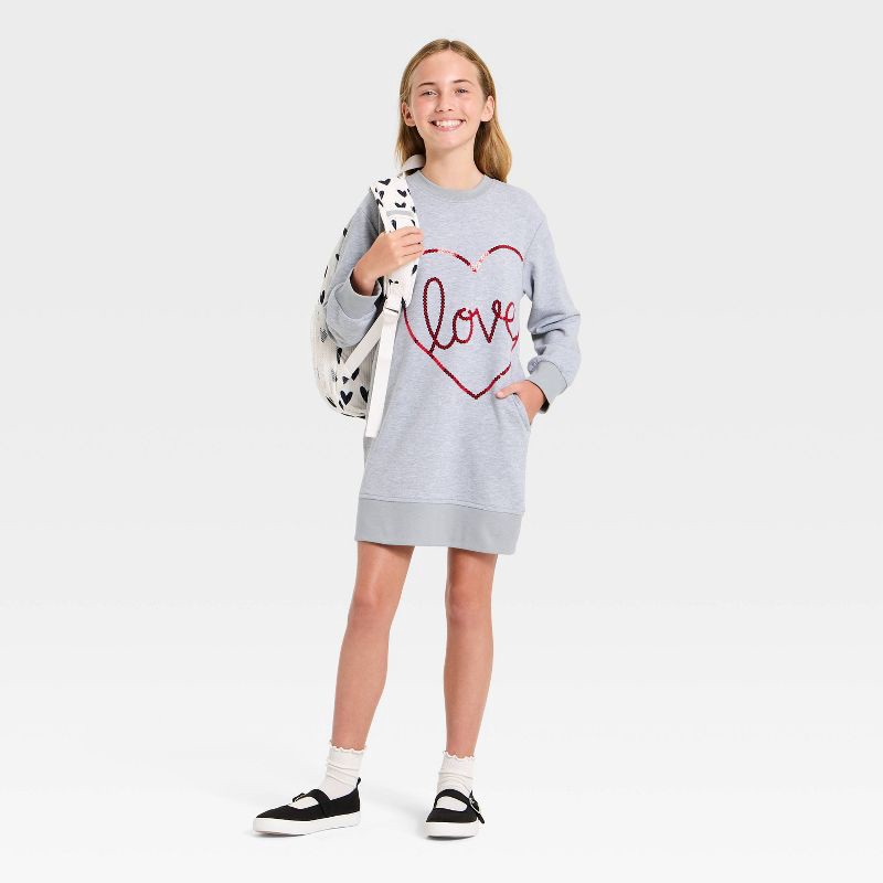 slide 4 of 4, Girls' Long Sleeve Valentine's Day 'Love' Dress - Cat & Jack™ Heather Gray L, 1 ct