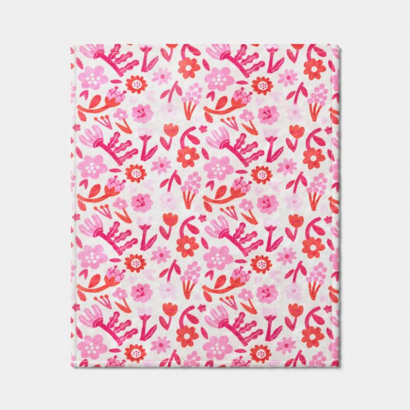 slide 3 of 5, Floral Printed Plush Throw Ivory/Pink/Red - Room Essentials™, 1 ct