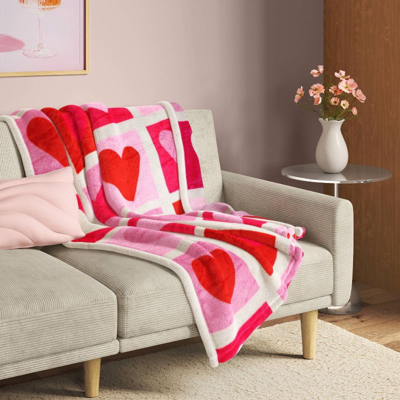 slide 2 of 5, Heart Check Printed Plush Throw Ivory/Pink/Red - Room Essentials™, 1 ct