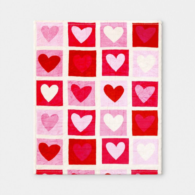slide 3 of 5, Heart Check Printed Plush Throw Ivory/Pink/Red - Room Essentials™, 1 ct