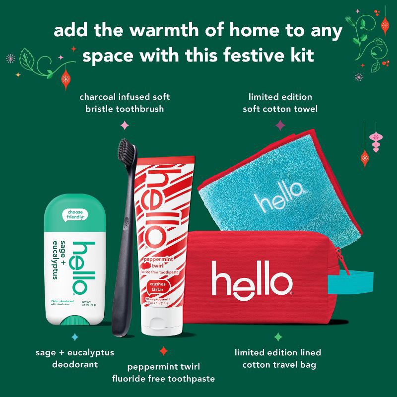slide 3 of 12, hello Holiday Home for the Holidays Fluoride-Free Toothpaste and Aluminum Free Deodorant Travel Toiletry Bag Kit - 5pc, 5 ct