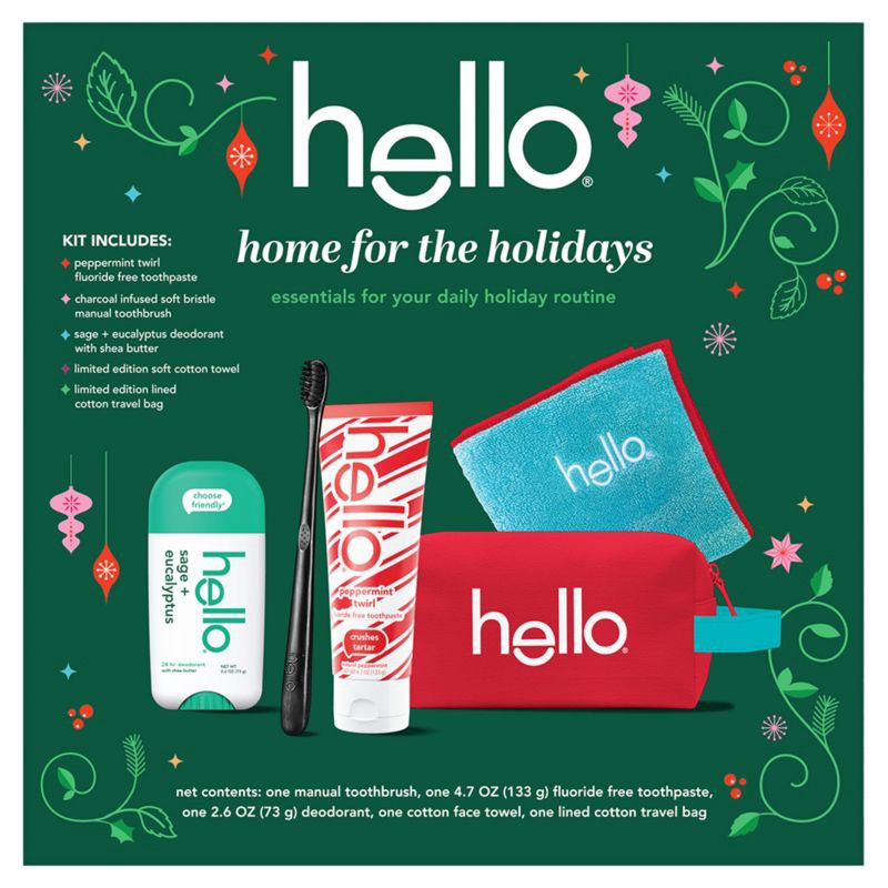 slide 9 of 12, hello Holiday Home for the Holidays Fluoride-Free Toothpaste and Aluminum Free Deodorant Travel Toiletry Bag Kit - 5pc, 5 ct