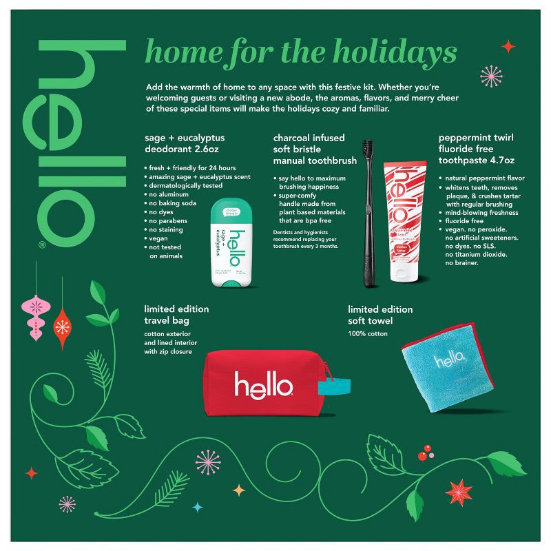 slide 10 of 12, hello Holiday Home for the Holidays Fluoride-Free Toothpaste and Aluminum Free Deodorant Travel Toiletry Bag Kit - 5pc, 5 ct