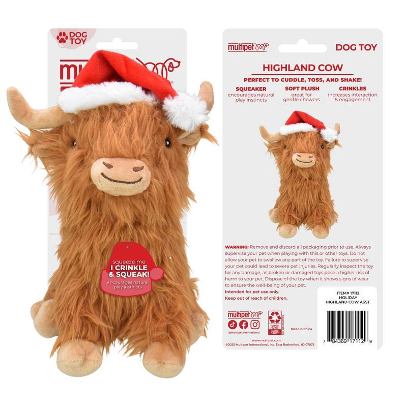 slide 2 of 6, Multipet Highland Cow with Santa Hat Interactive Plush Dog Toy, 1 ct