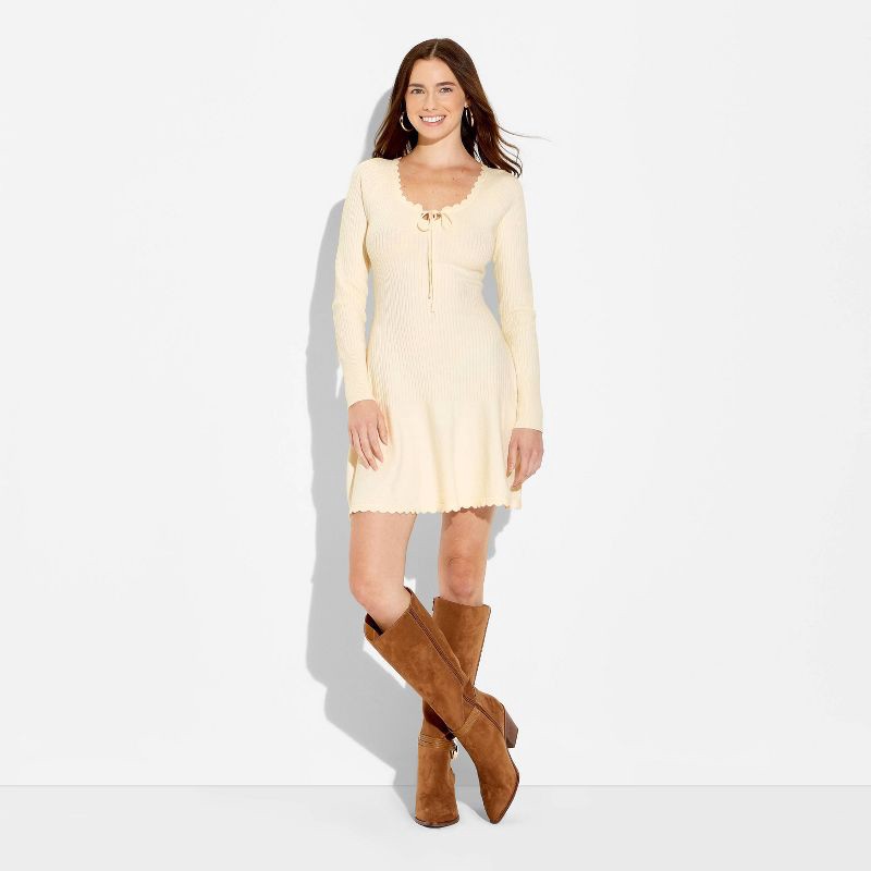 slide 2 of 3, Women's Long Sleeve Keyhole Mini Sweater Dress - Wild Fable™ Off-White S, 1 ct