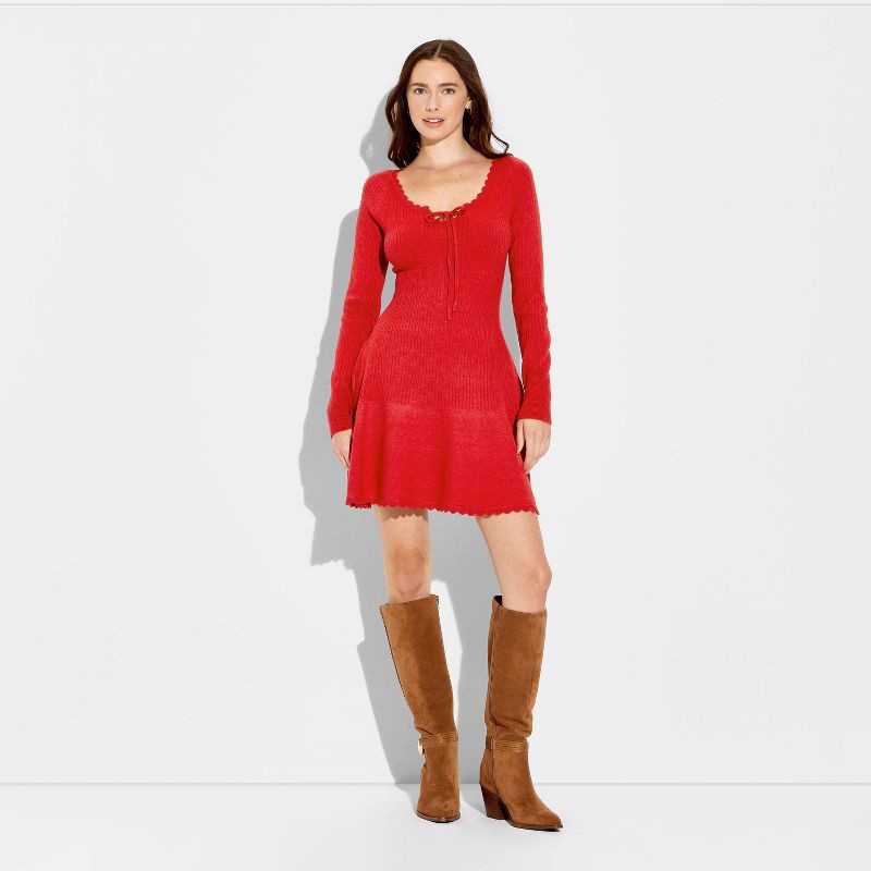 slide 2 of 3, Women's Long Sleeve Keyhole Mini Sweater Dress - Wild Fable™ Tomato Red M, 1 ct
