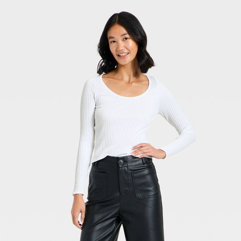 slide 1 of 4, Women's Slim Fit Ribbed Seamless Long Sleeve Top - A New Day™ White L, 1 ct
