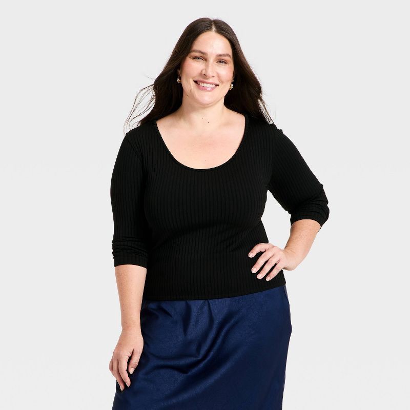 slide 1 of 3, Women's Slim Fit Ribbed Seamless Long Sleeve Top - A New Day™ Black XXL, 1 ct
