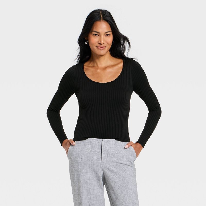 slide 1 of 4, Women's Slim Fit Ribbed Seamless Long Sleeve Top - A New Day™ Black XS, 1 ct