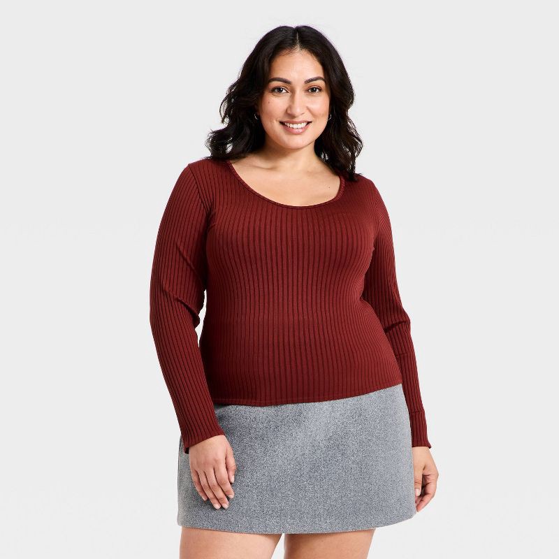slide 1 of 3, Women's Slim Fit Ribbed Seamless Long Sleeve Top - A New Day™ Maroon XXL, 1 ct