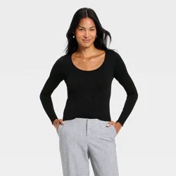 Women's Slim Fit Ribbed Seamless Long Sleeve Top - A New Day™ Black M