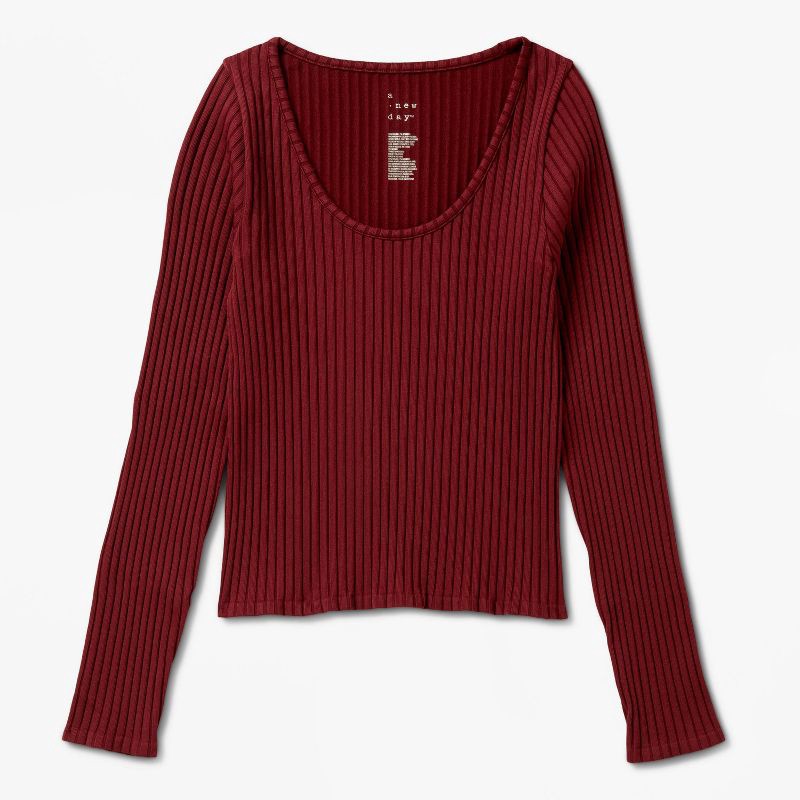 slide 4 of 4, Women's Slim Fit Ribbed Seamless Long Sleeve Top - A New Day™ Maroon S, 1 ct