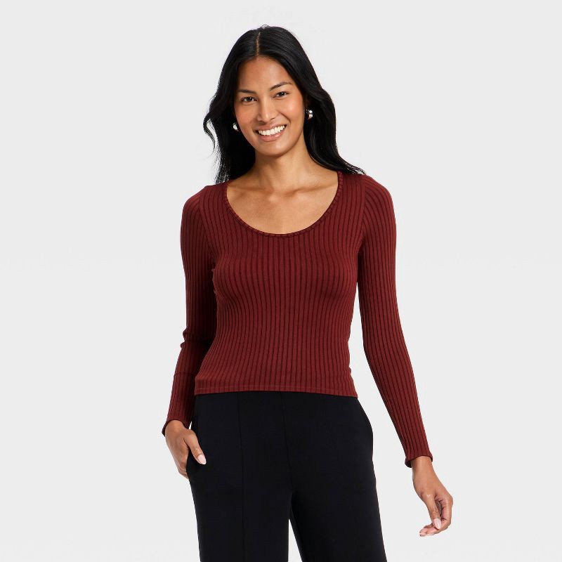 slide 1 of 4, Women's Slim Fit Ribbed Seamless Long Sleeve Top - A New Day™ Maroon S, 1 ct