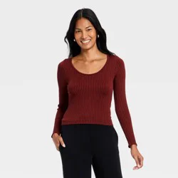 Women's Slim Fit Ribbed Seamless Long Sleeve Top - A New Day™ Maroon S