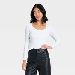 Women's Slim Fit Ribbed Seamless Long Sleeve Top - A New Day™ White M