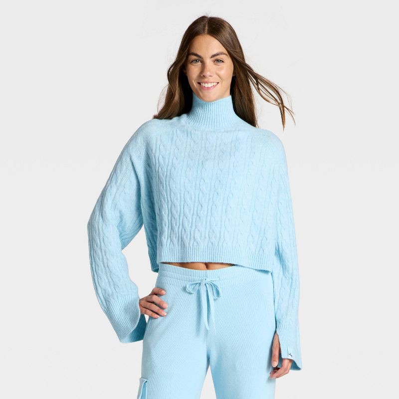 slide 1 of 3, Women's Mock Neck Cable Knit Sweater - JoyLab™ Light Blue XXS, 1 ct