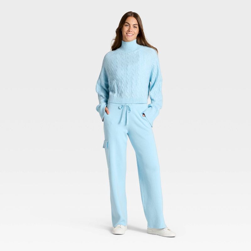 slide 3 of 3, Women's Mock Neck Cable Knit Sweater - JoyLab™ Light Blue XS, 1 ct