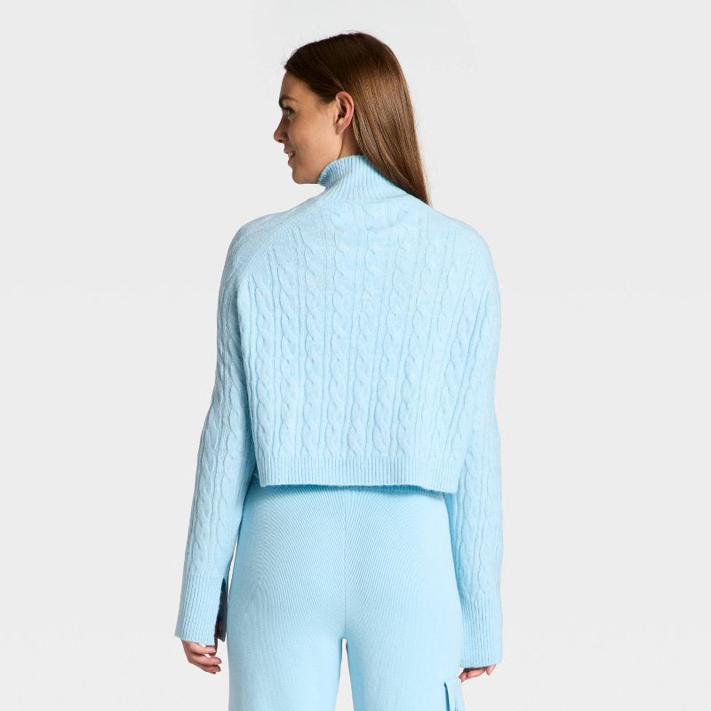 slide 2 of 3, Women's Mock Neck Cable Knit Sweater - JoyLab™ Light Blue M, 1 ct