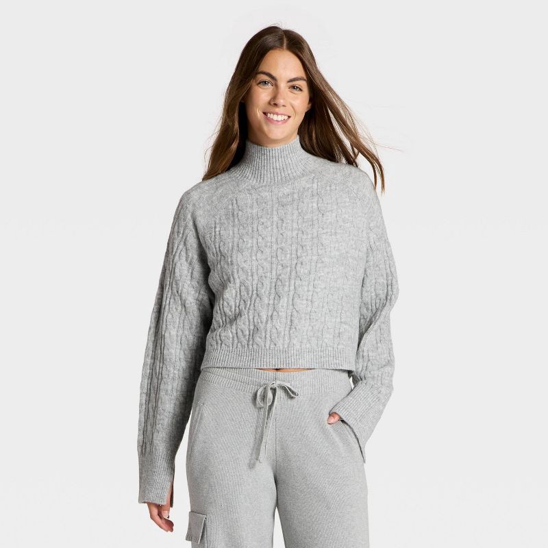 slide 1 of 3, Women's Mock Neck Cable Knit Sweater - JoyLab™ Heathered Gray XXS, 1 ct