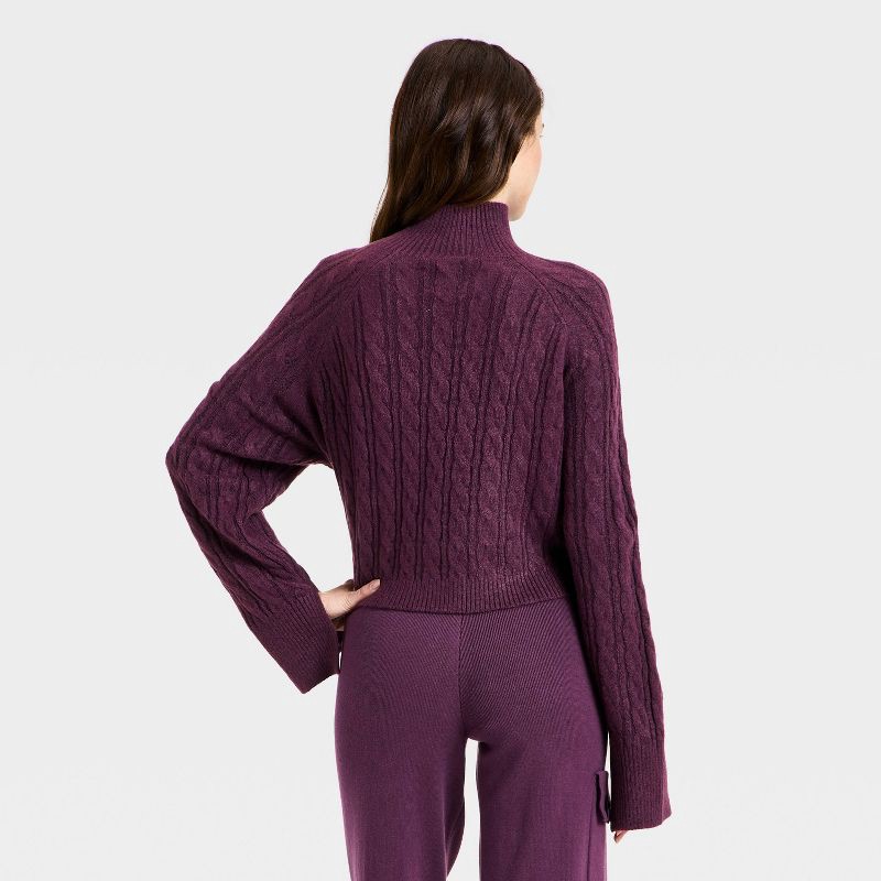 slide 2 of 3, Women's Mock Neck Cable Knit Sweater - JoyLab™ Plum Purple M, 1 ct
