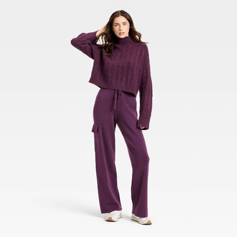 slide 3 of 3, Women's Mock Neck Cable Knit Sweater - JoyLab™ Plum Purple M, 1 ct