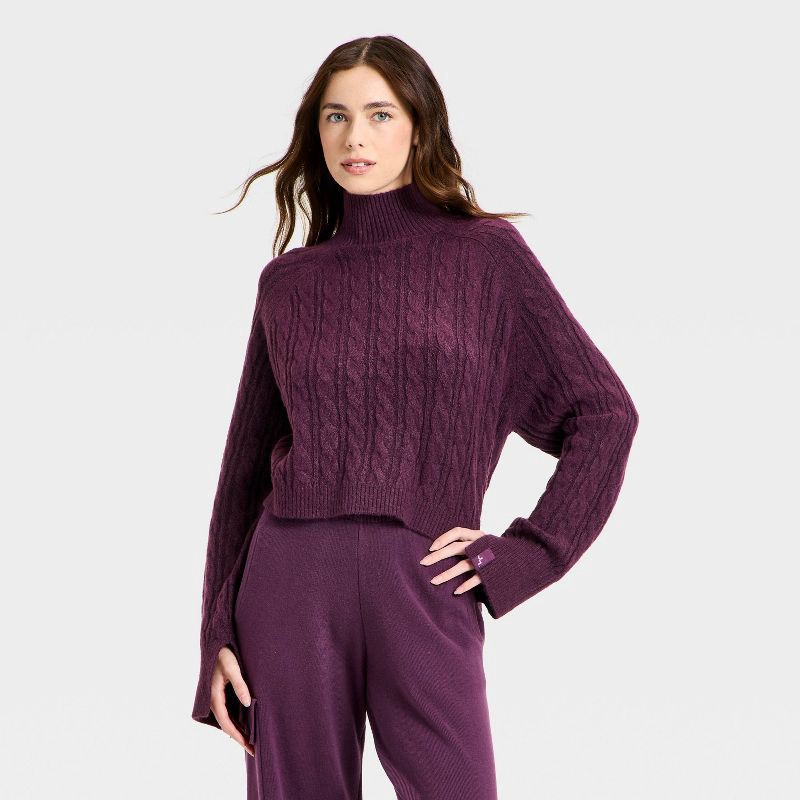 slide 1 of 3, Women's Mock Neck Cable Knit Sweater - JoyLab™ Plum Purple M, 1 ct
