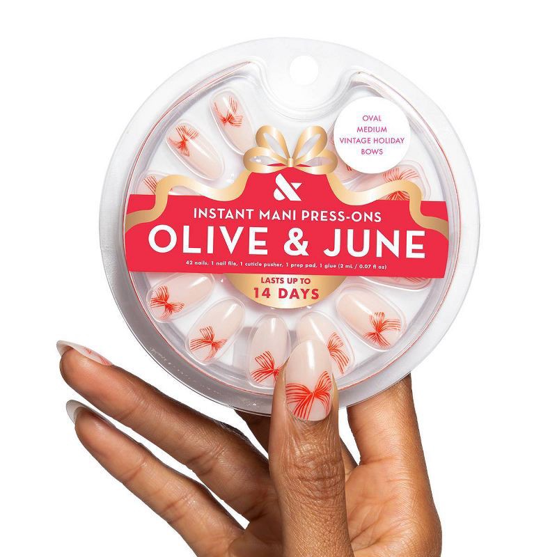 slide 2 of 5, Olive & June Press-On Fake Nails - M Oval - Vintage Holiday Bows - 42ct, 42 ct