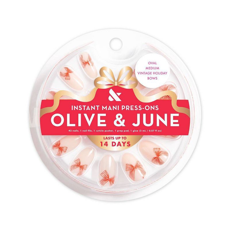 slide 1 of 5, Olive & June Press-On Fake Nails - M Oval - Vintage Holiday Bows - 42ct, 42 ct