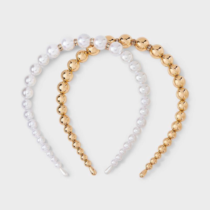 slide 1 of 3, Beaded Headband 2 pk - A New Day™ Pearl/Gold, 2 ct
