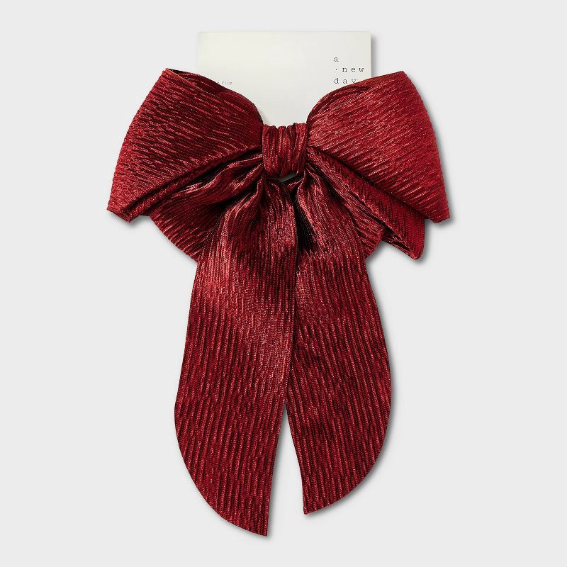 slide 2 of 3, Crinkle Satin Bow Hair Barrette - A New Day™ Red, 1 ct