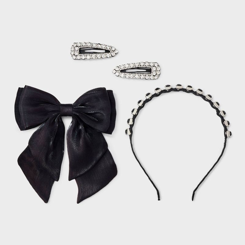 slide 2 of 4, Headband Barrette and Bow Set 3 pc - A New Day™ Black, 3 ct