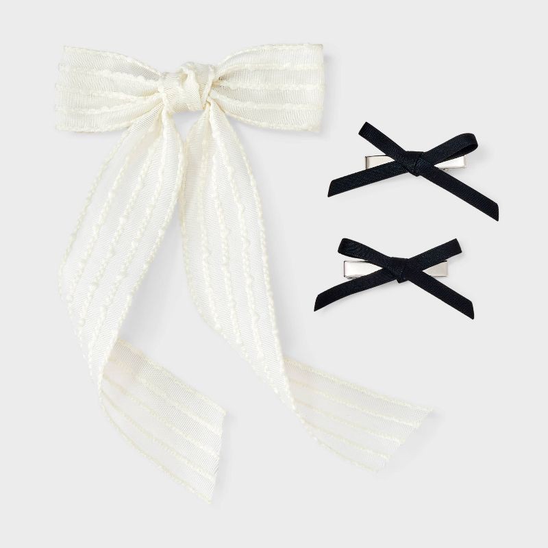 slide 2 of 3, Ivory Hair Bow with Salon Hair Clip Bows Set 3 pc - Wild Fable™ White/Black, 3 ct