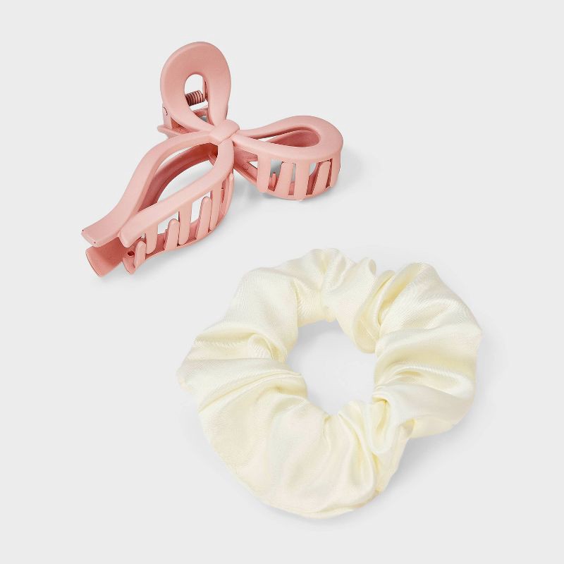 slide 2 of 4, Fleece Pouch Hair Bow Claw Clip Satin Twister Spa Set - Wild Fable™ Ivory, 1 ct